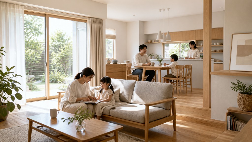 暖かなリビングでくつろぐ家族